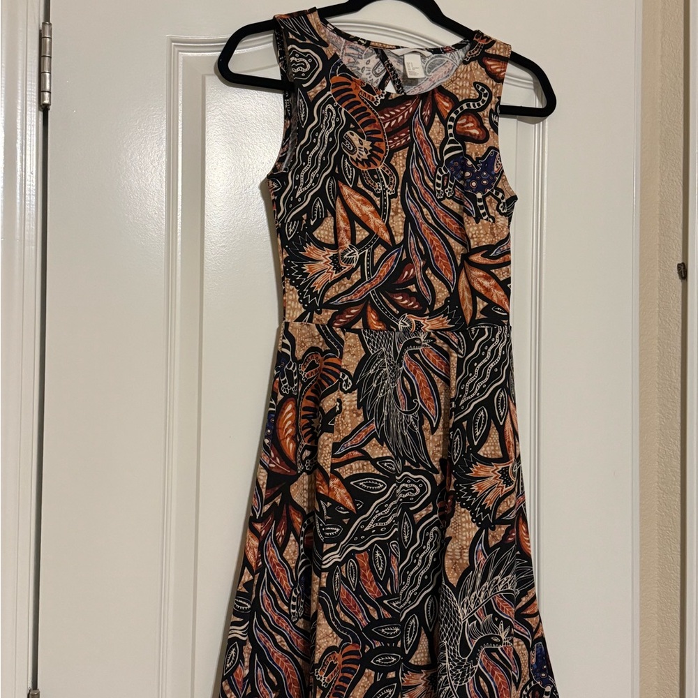 H&M Black and Orange Sleeveless A-line Patterned Midi Dress